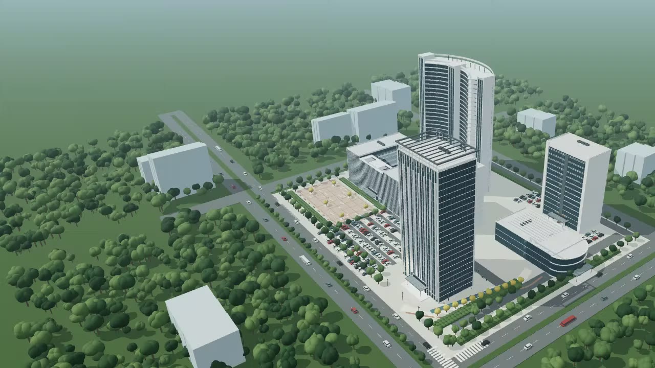 工业园区三维模型鸟瞰，主体建筑位于画面右侧