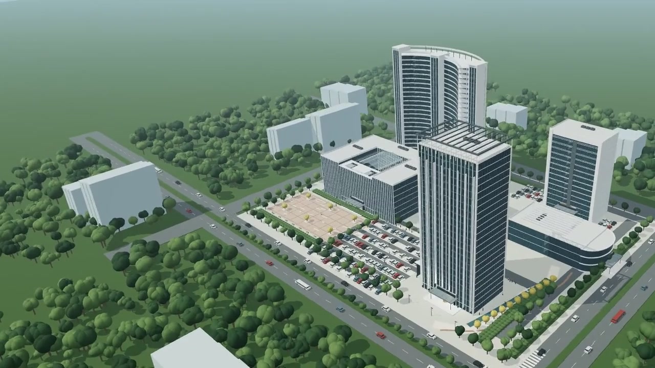 工业园区三维模型鸟瞰,主体建筑位于画面右侧